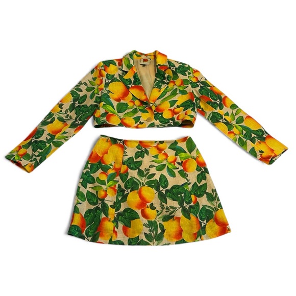 Farm Rio Tropical Citrus Orange Cropped Jacket Mini Skirt Set Iconic Print Sz S - Picture 2 of 15